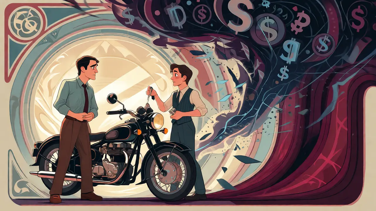 Scena illustrata che mostra il rischio di rivalsa prestando la moto a un conducente giovane