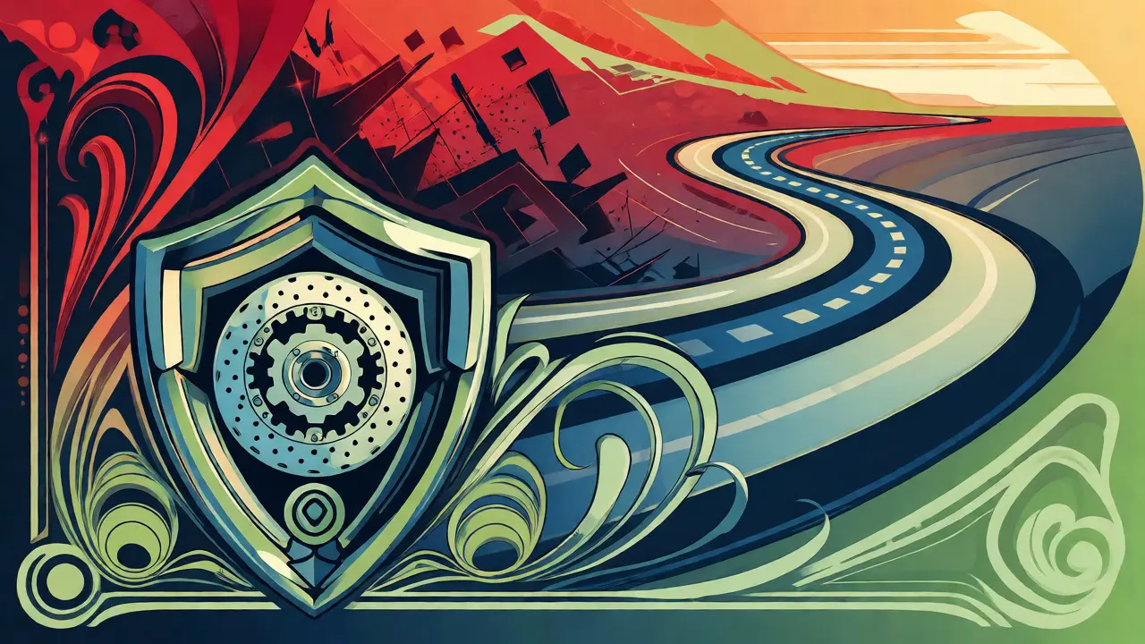 Simbolo grafico Art Nouveau con ingranaggi e freni che rappresenta la sicurezza stradale.