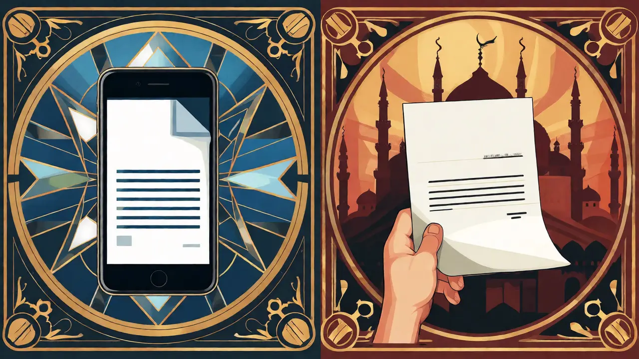 Stile Art Nouveau che confronta documento digitale su telefono e copia cartacea