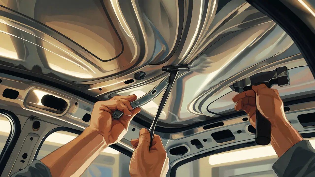 Tecnico che ripara il tetto dell'auto dall'interno con leve PDR in stile illustrativo Art Nouveau.