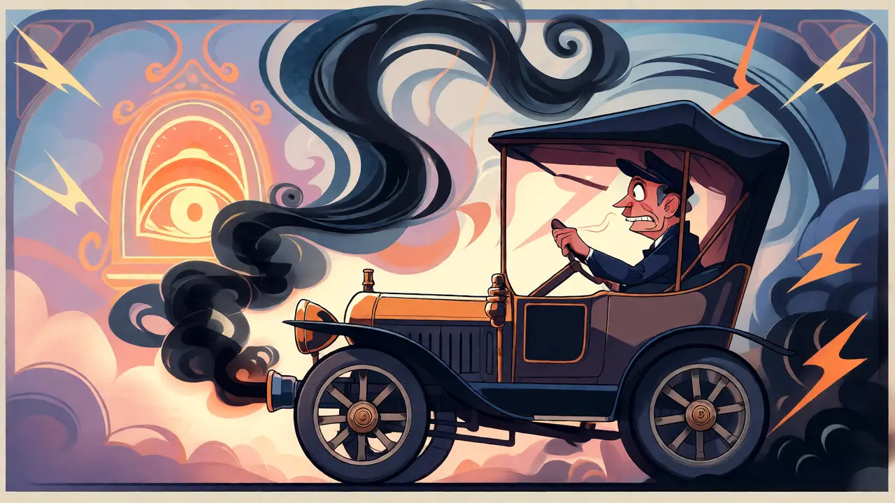 Auto d'epoca che emette fumo nero stilizzato con conducente preoccupato, stile poster.