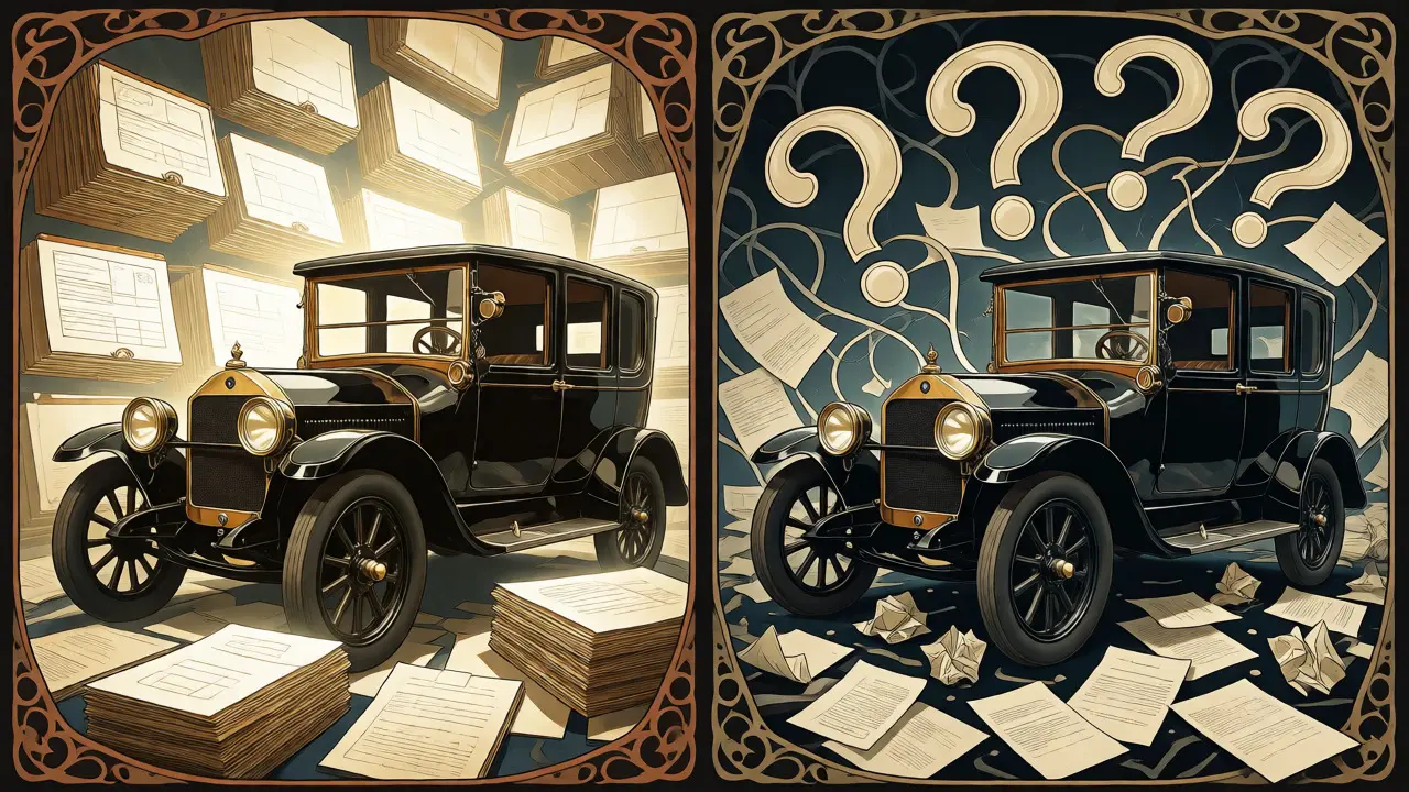 Confronto illustrato tra auto con storico completo e una con documenti mancanti