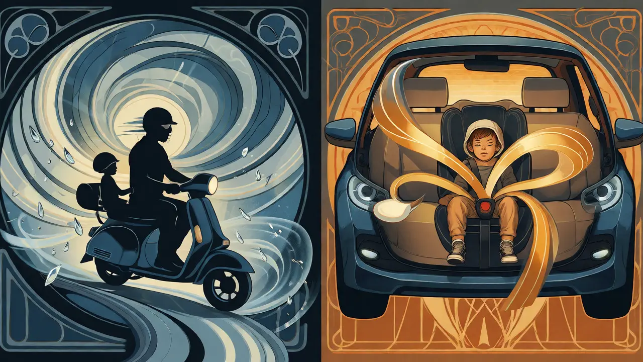 Confronto stilizzato tra la vulnerabilità dello scooter e la sicurezza protetta dell'auto.