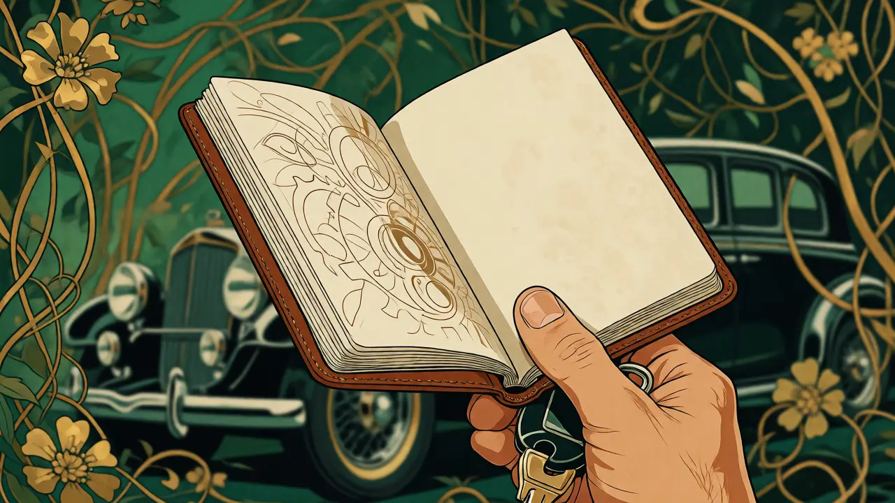 Dettaglio illustrato di libretto tagliandi e chiavi auto con sfondo floreale