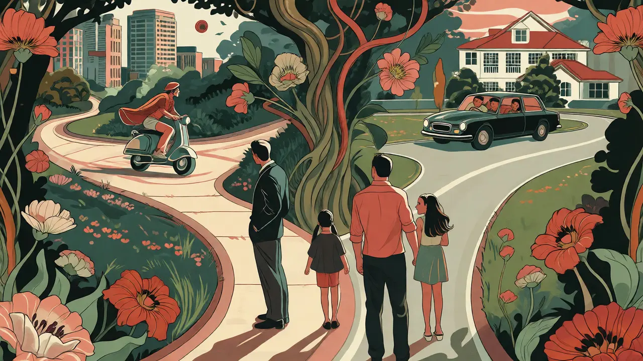 Famiglia a un bivio tra agilità urbana in scooter e comfort familiare in auto.