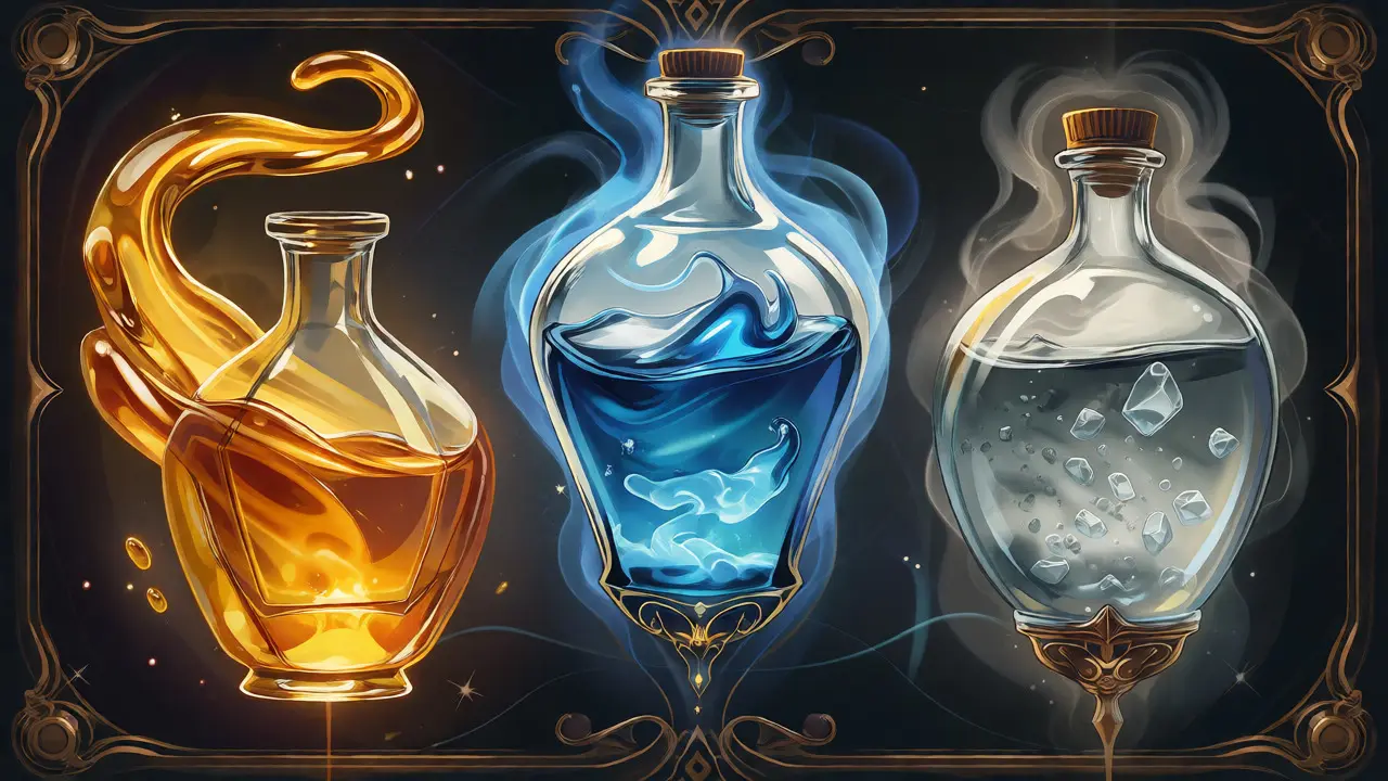 Fluido olio, freni e gasolio rappresentati come liquidi magici in vasi ornamentali