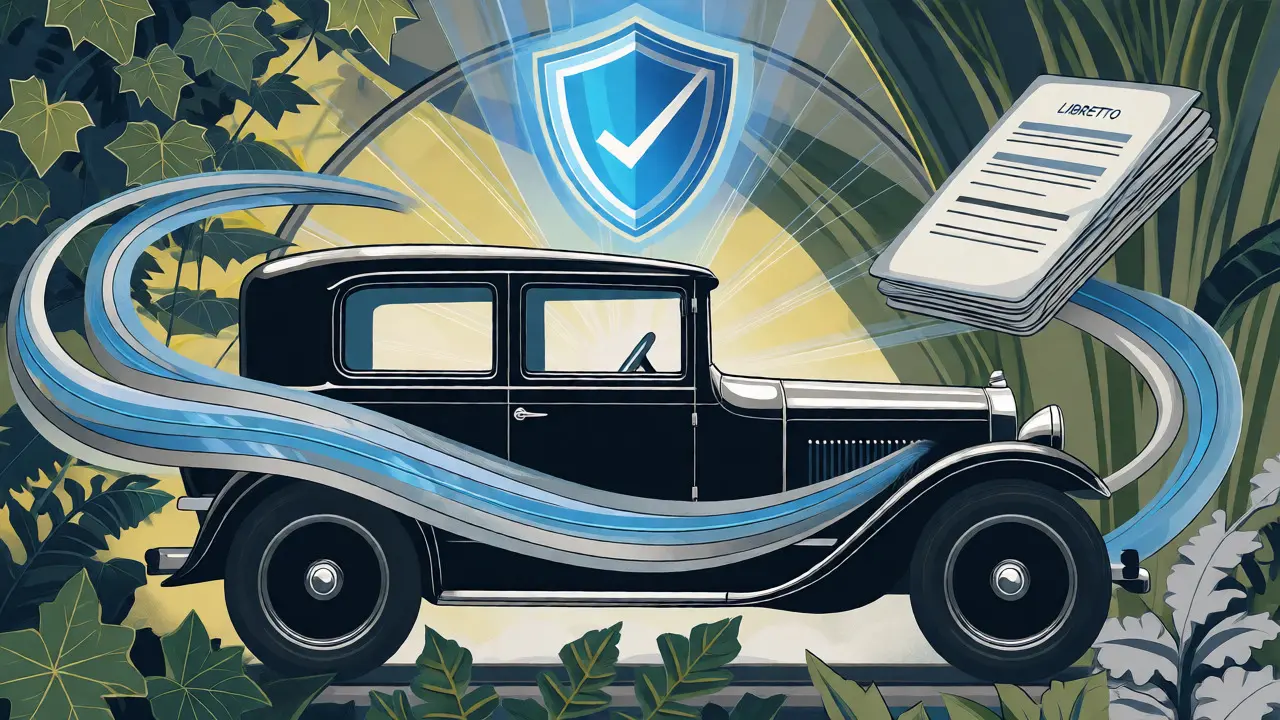 Illustrazione pubblicitaria Art Nouveau con auto e scudo assicurativo protettivo