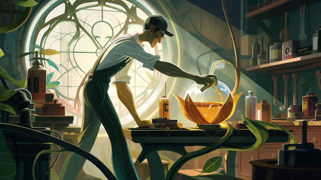 Meccanico che gestisce oli in officina ecologica stile Art Nouveau