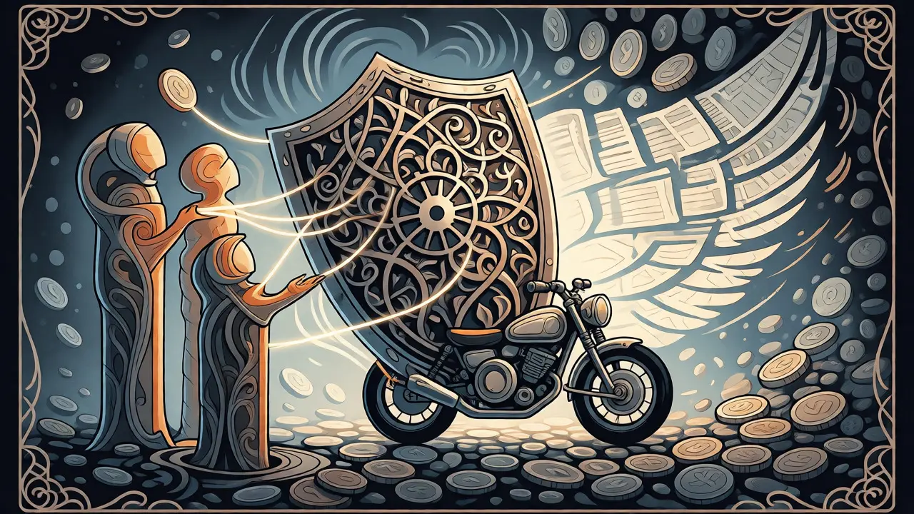 Metafora visiva del Bonus Familiare che protegge una moto con scudi decorativi