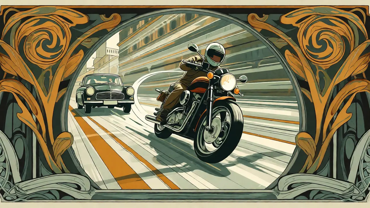 Moto che sorpassa un'auto sulla corsia sinistra in illustrazione decorativa