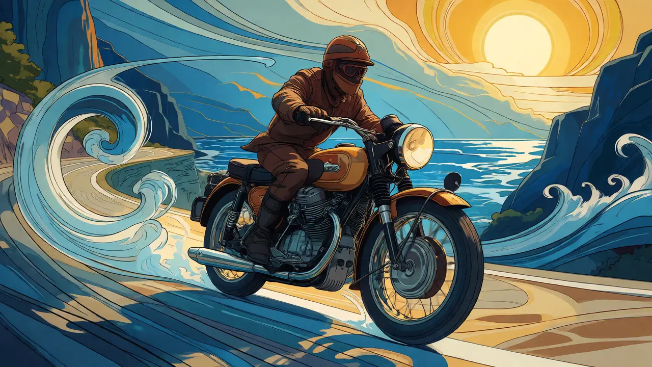 Moto d'epoca in movimento su strada costiera italiana stilizzata