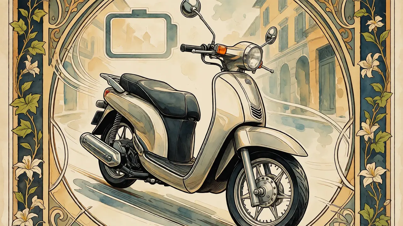 Poster vintage in stile Art Nouveau con uno scooter urbano circondato da motivi floreali decorativi