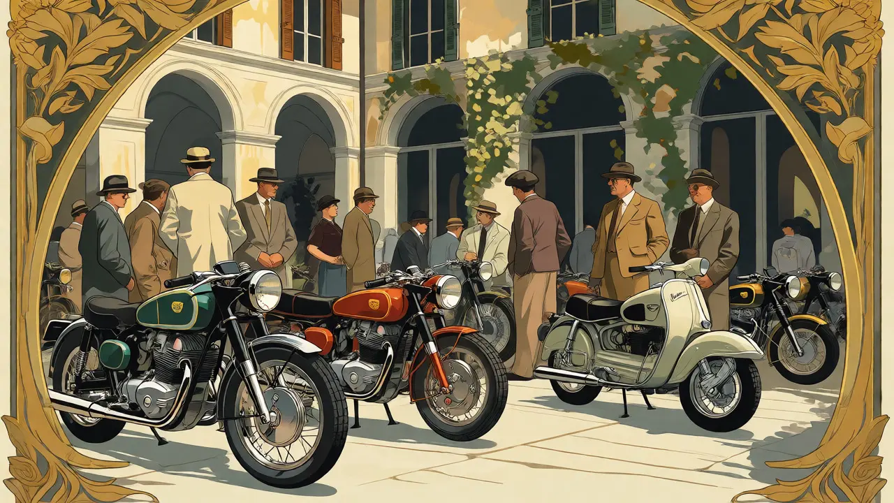 Raduno di moto storiche in un cortile di villa con stile liberty