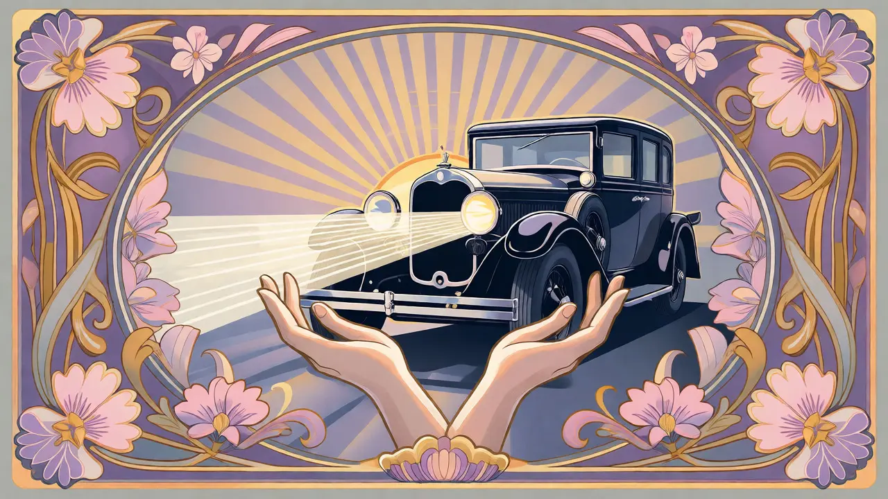 Scena armoniosa Art Nouveau con mani che regolano i fari di un'auto pulita