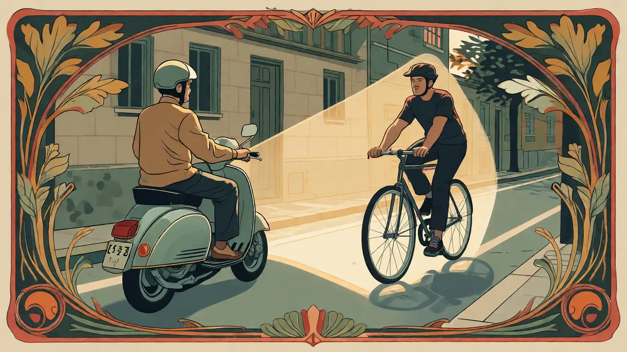 Scooter mantiene distanza di sicurezza da un ciclista in via urbana