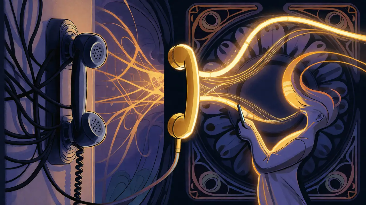 Stile cartone animato Art Nouveau che mostra il passaggio della linea telefonica